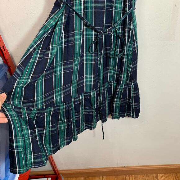 LOFT Dress Blue Green Plaid Shift Belted Short Sleeve Pleated Lined Size 2 - Picture 4 of 12